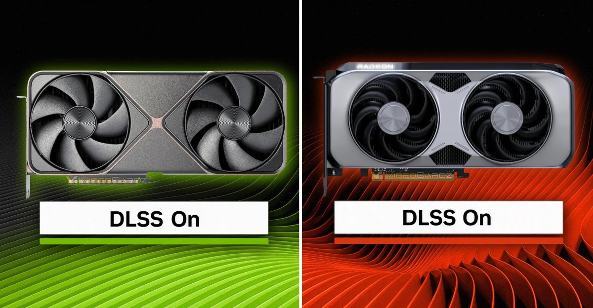 Nvidia ve Radeon ekran kartlarını DLSS On ibareleriyle yan yana gösteren karşılaştırmalı görsel