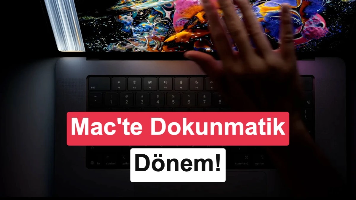 Bir kullanıcı MacBook Pro ekranındaki uygulamaya parmağıyla dokunuyor