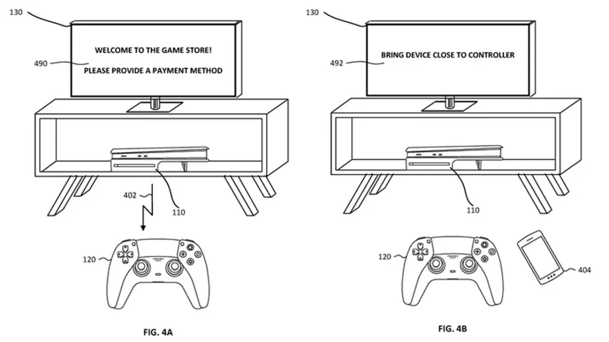 PS5 ekranında ödeme yöntemi istenmesi ve telefonun DualSense kontrolcüsüne yaklaştırılması aşamalarını gösteren patent çizimi