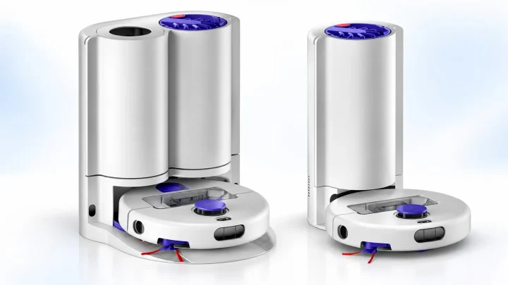 Dyson R1 ve R2 robot süpürgeler, otomatik boşaltma istasyonlarıyla birlikte yan yana
