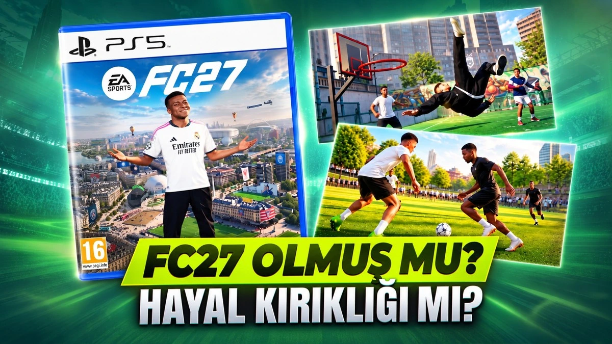 EA Sports FC 27 tanıtım görselinde PS5 oyun kapağı ve saha dışı futbol sahneleri