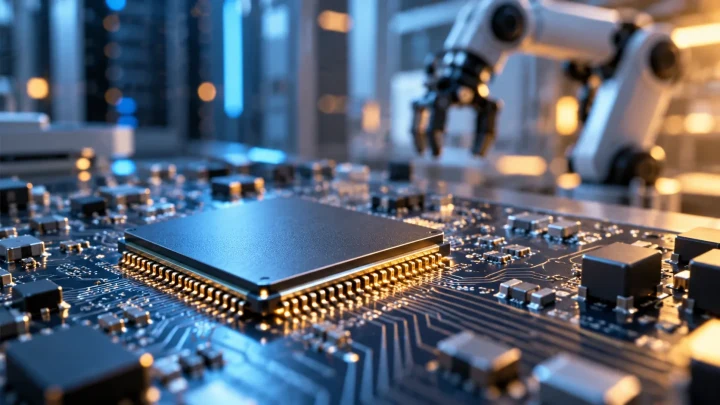 Devre kartı üzerinde işlemci ve arka planda robotik kol bulunan teknoloji temalı görsel