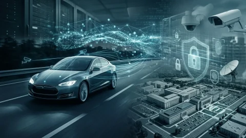 Dijital veri akışları, güvenlik simgeleri ve tesis görüntüsüyle birlikte gösterilen elektrikli araç