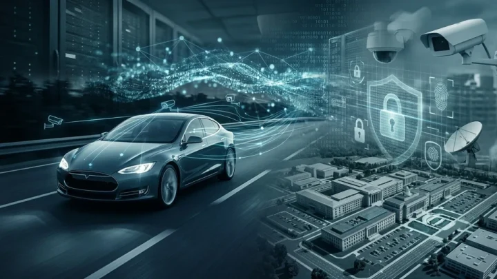 Dijital veri akışları, güvenlik simgeleri ve tesis görüntüsüyle birlikte gösterilen elektrikli araç