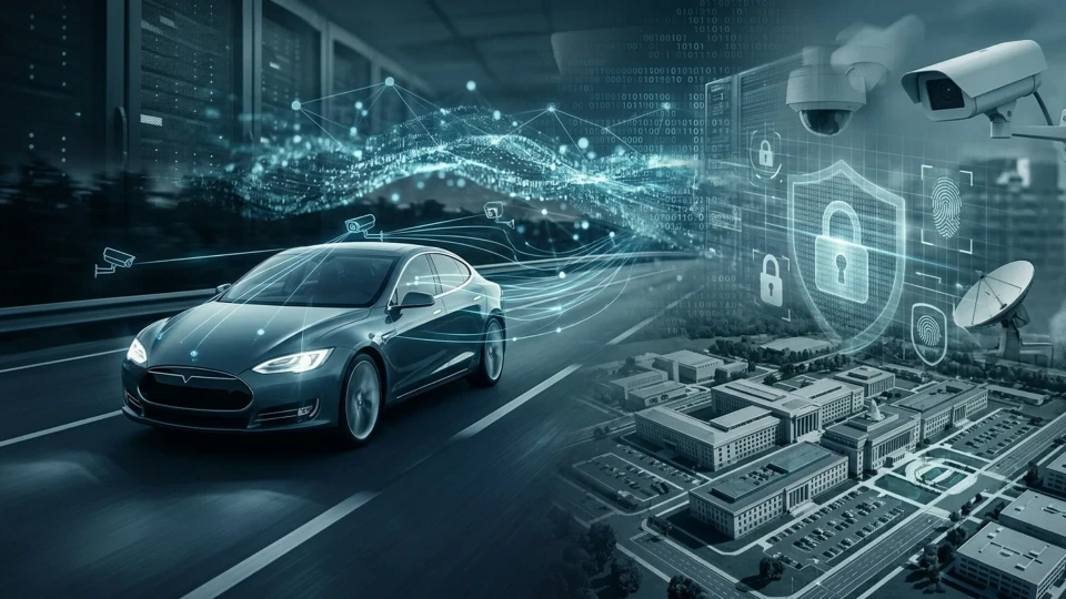 Dijital veri akışları ve güvenlik simgeleriyle gösterilen elektrikli araç ve tesis