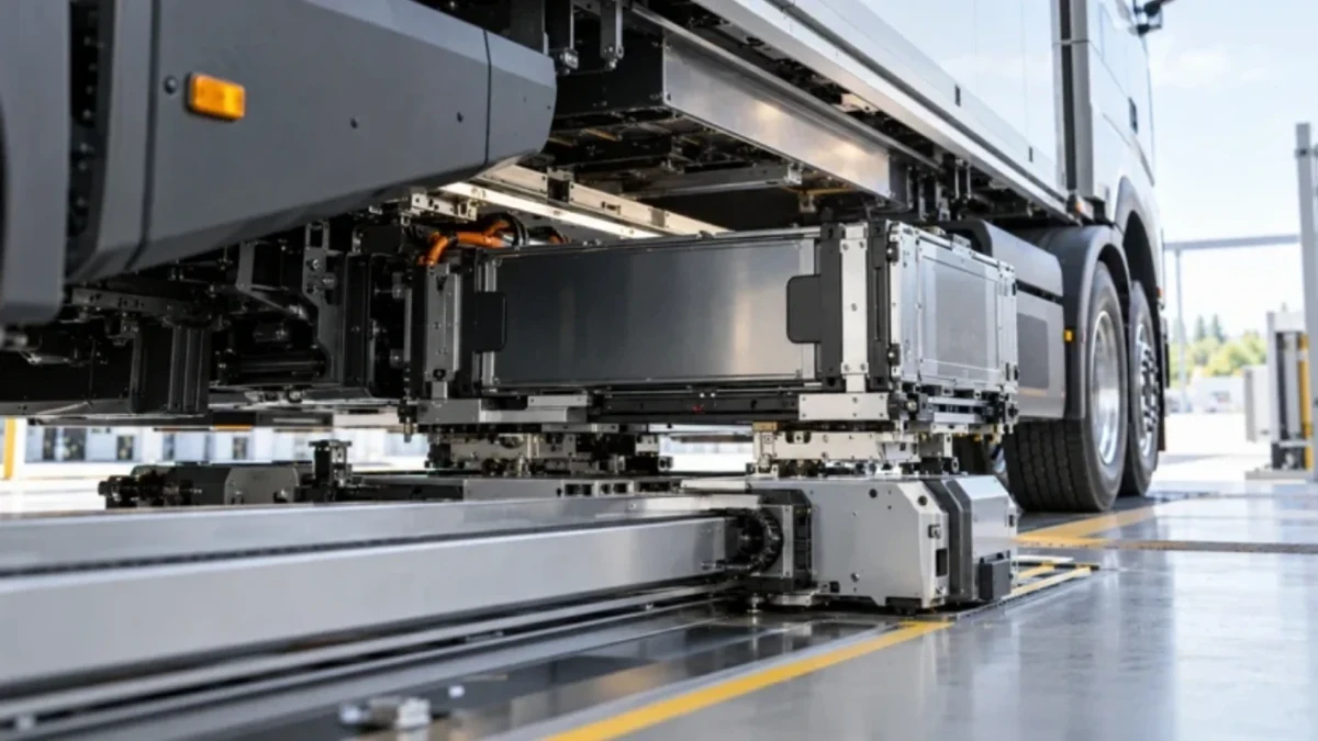 Elektrikli kamyonun altındaki batarya modülünü değiştiren otomatik sistem