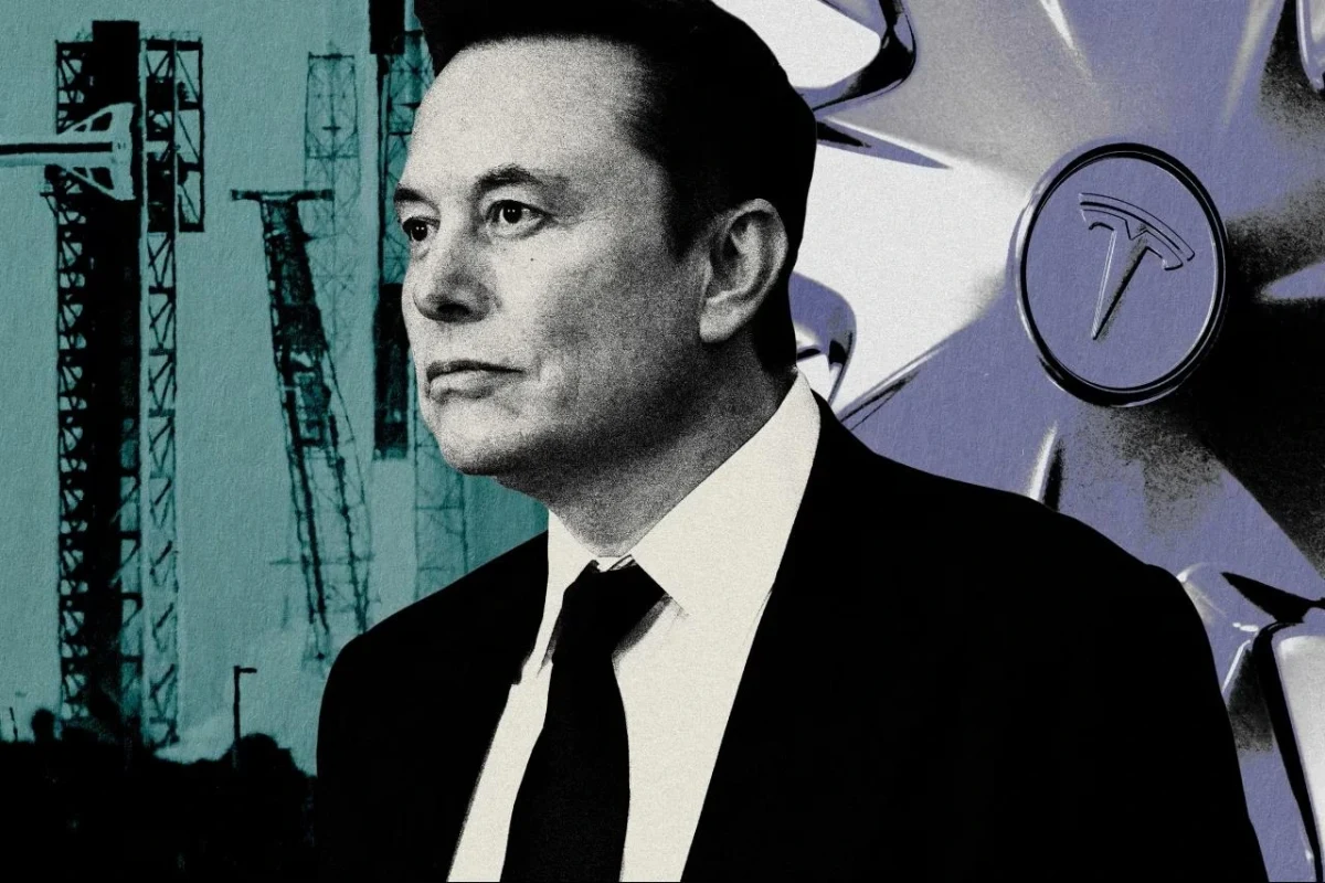 Elon Musk portresi ve arka planda Tesla amblemi