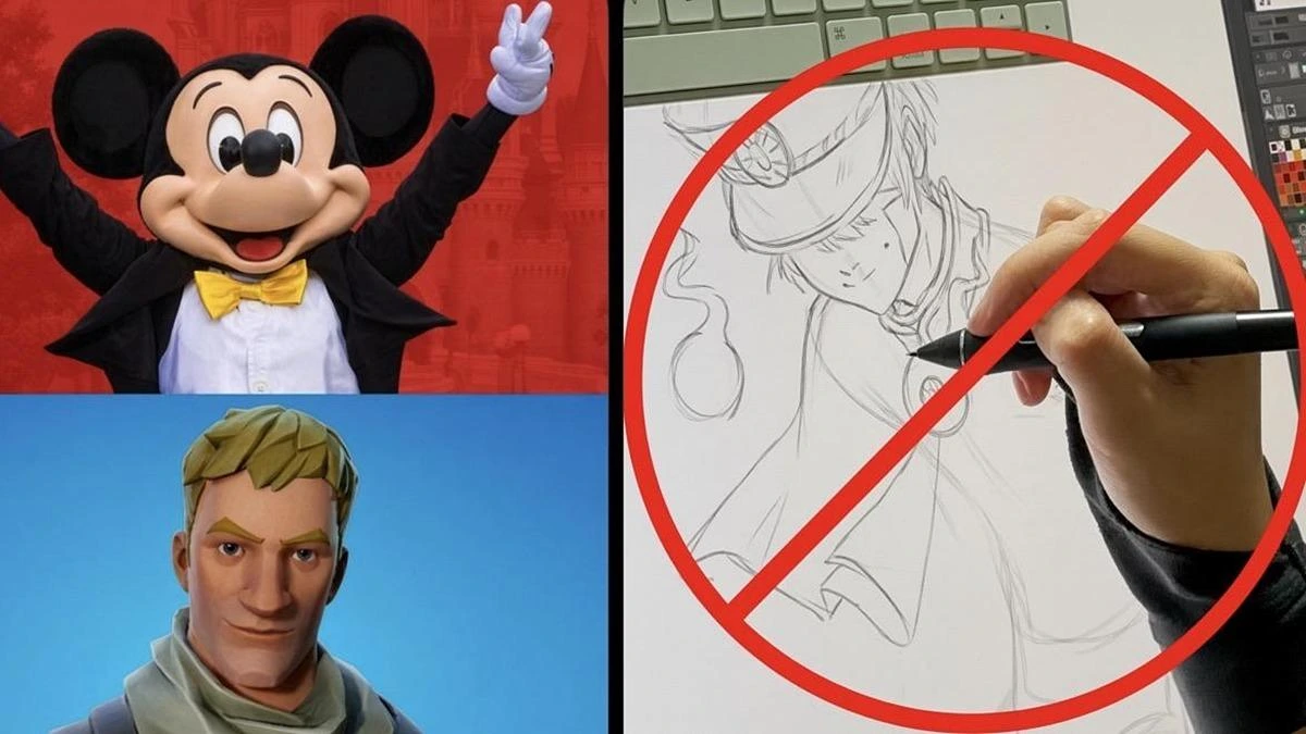 Mickey Mouse ve Fortnite karakteri, yapay zekâ çizimini simgeleyen kırmızı yasak işaretiyle birlikte
