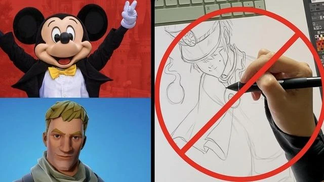 Mickey Mouse ve Fortnite karakterinin yanında, yapay zekâyla çizim üretimini simgeleyen yasak işaretli bir görsel