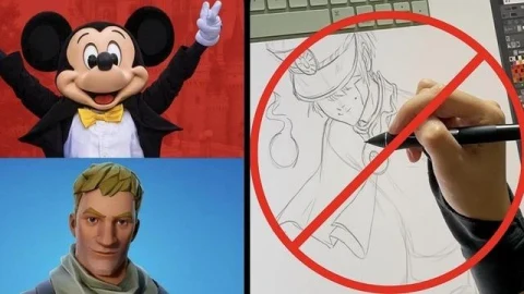 Mickey Mouse ve Fortnite karakterinin yanında, yapay zekâyla çizim üretimini simgeleyen yasak işaretli bir görsel