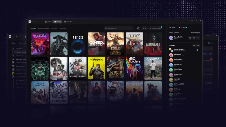 Epic Games Launcher arayüzünde oyun kütüphanesi ve arkadaş listesi