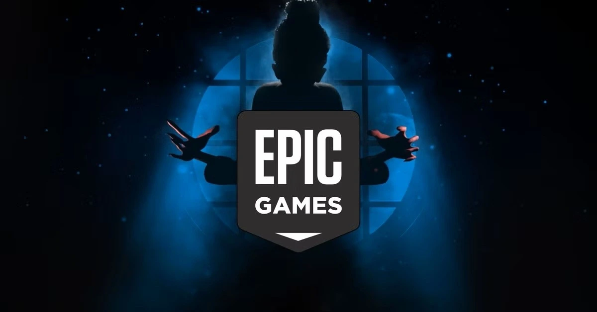 Mavi ışık önünde Epic Games logosu ve bir siluet