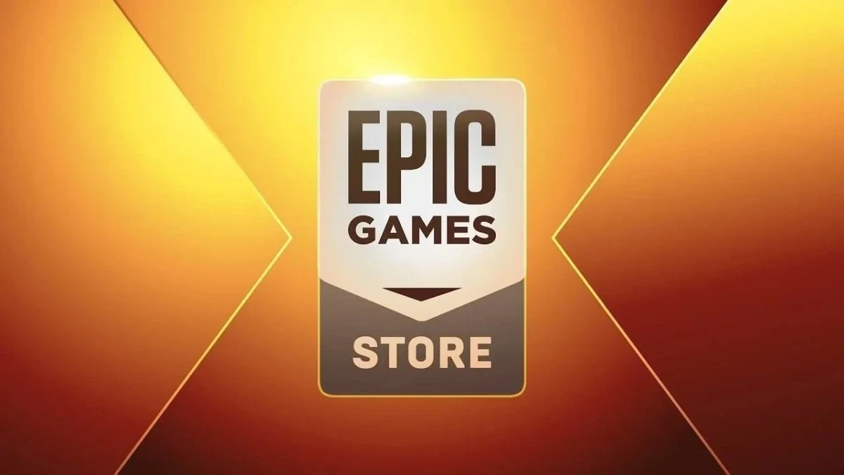 Turuncu ve sarı arka plan üzerinde Epic Games Store logosu