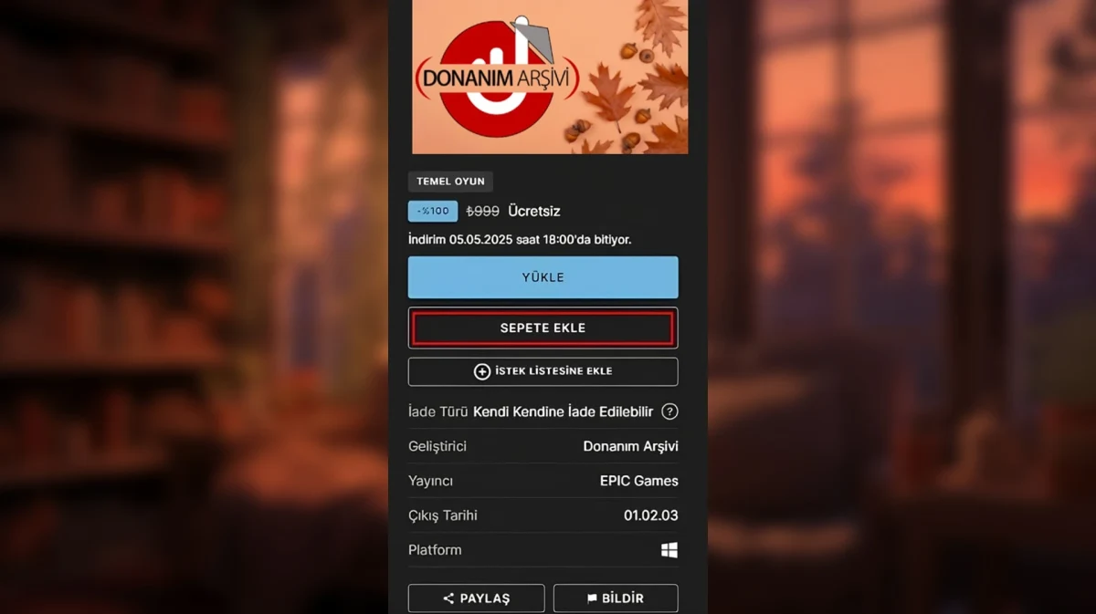 Epic Games Store’da bir oyun sayfası ve Sepete Ekle düğmesi