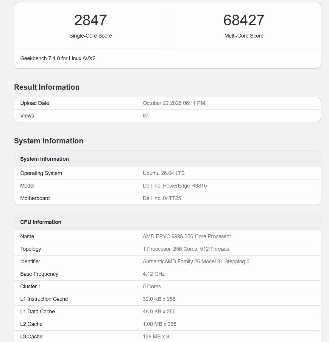 EPYC 9996 Geekbench sonuç ekranında 2.847 tek çekirdek ve 68.427 çok çekirdek puanı