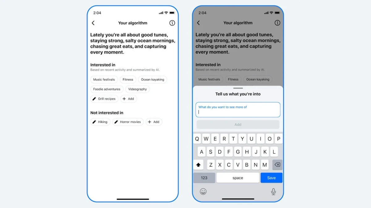 Your Algorithm kişiselleştirme aracının iki ekran görüntüsü