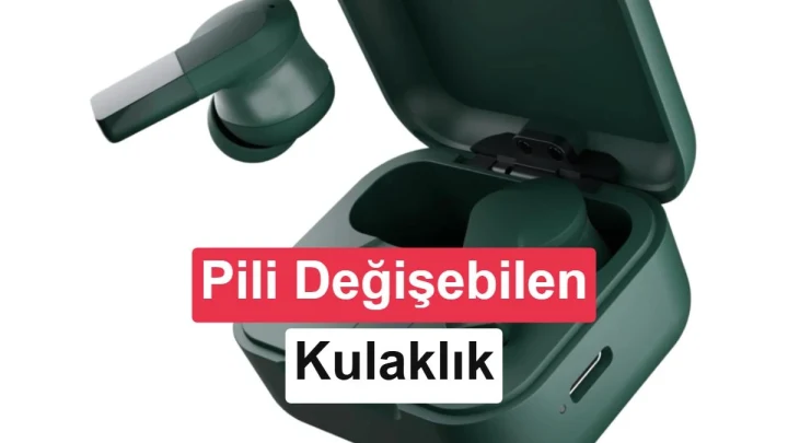 Yeşil Fairphone Fairbuds 2 kulaklıklar ve açık şarj kutusu