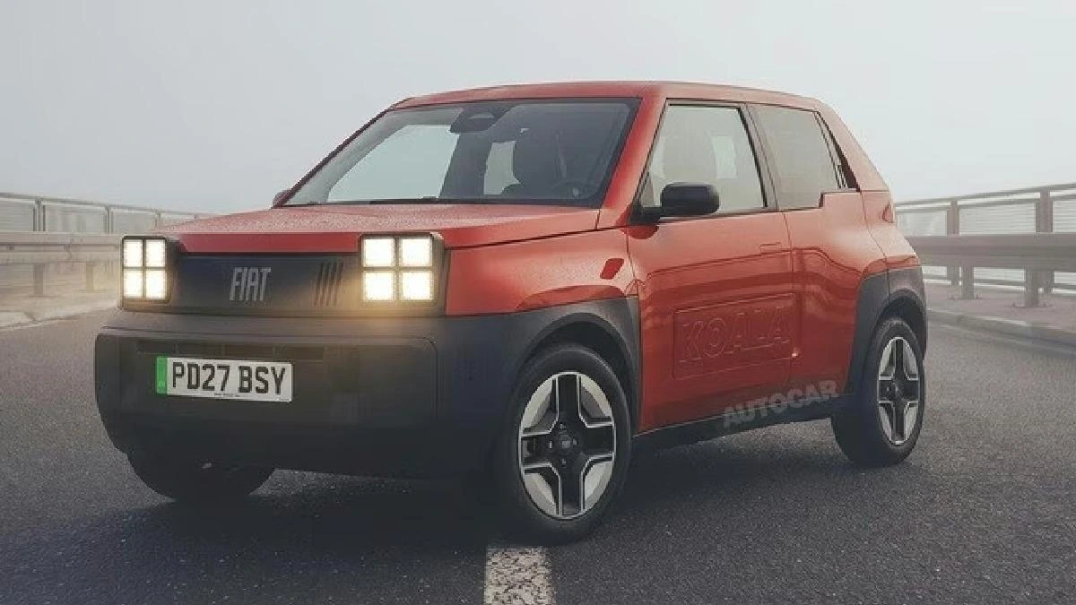 Kırmızı, köşeli tasarımlı Fiat konsept otomobilinin önden üç çeyrek görünümü
