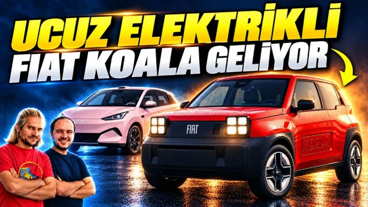 Fiat Koala tanıtım görseli; önde kırmızı, arkada pembe otomobil ve iki sunucu yer alıyor