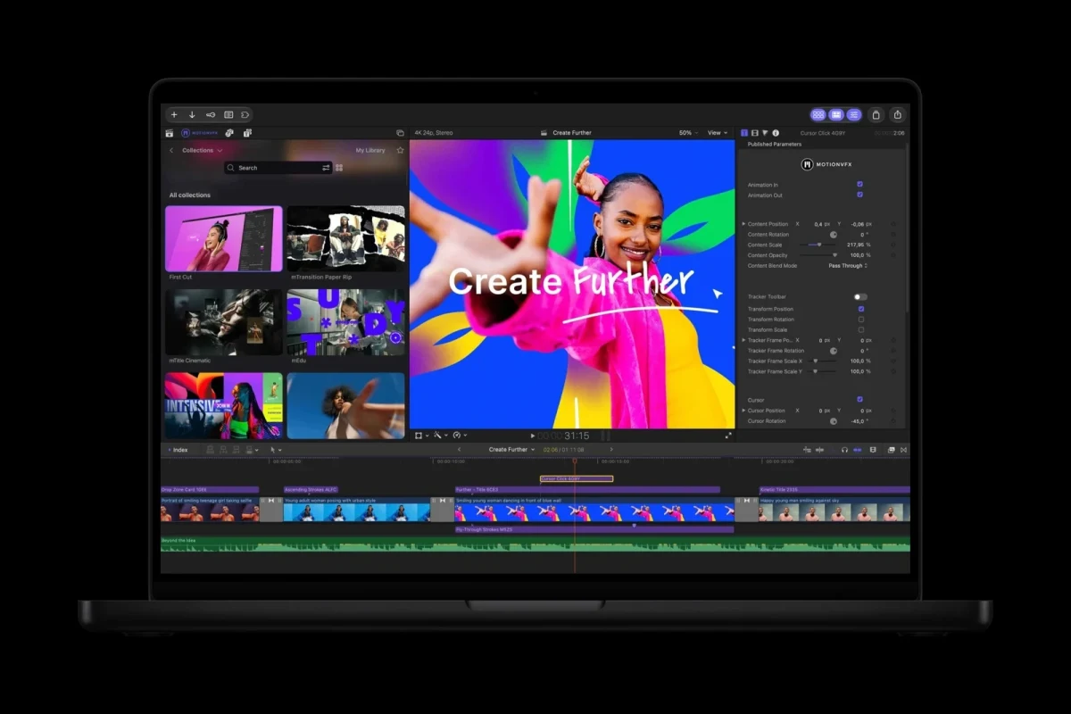 MacBook ekranında Final Cut Pro ile renkli görüntüler içeren bir video projesi