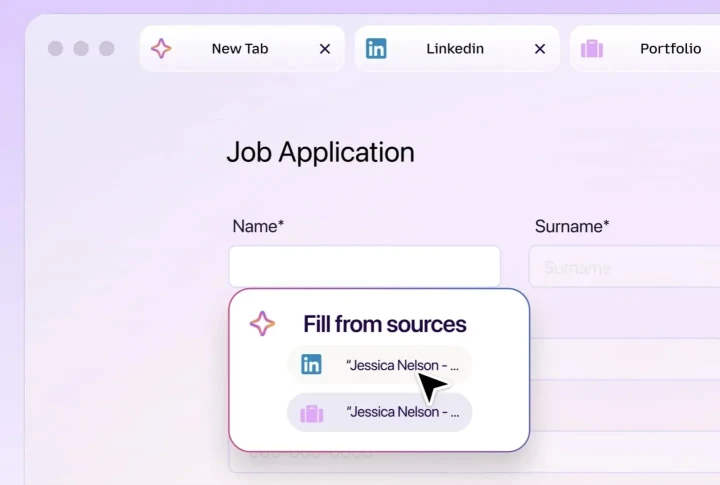 Firefox Smart Window arayüzünde LinkedIn ve portföy sekmelerinden iş başvurusu formuna bilgi önerileri gösteriliyor