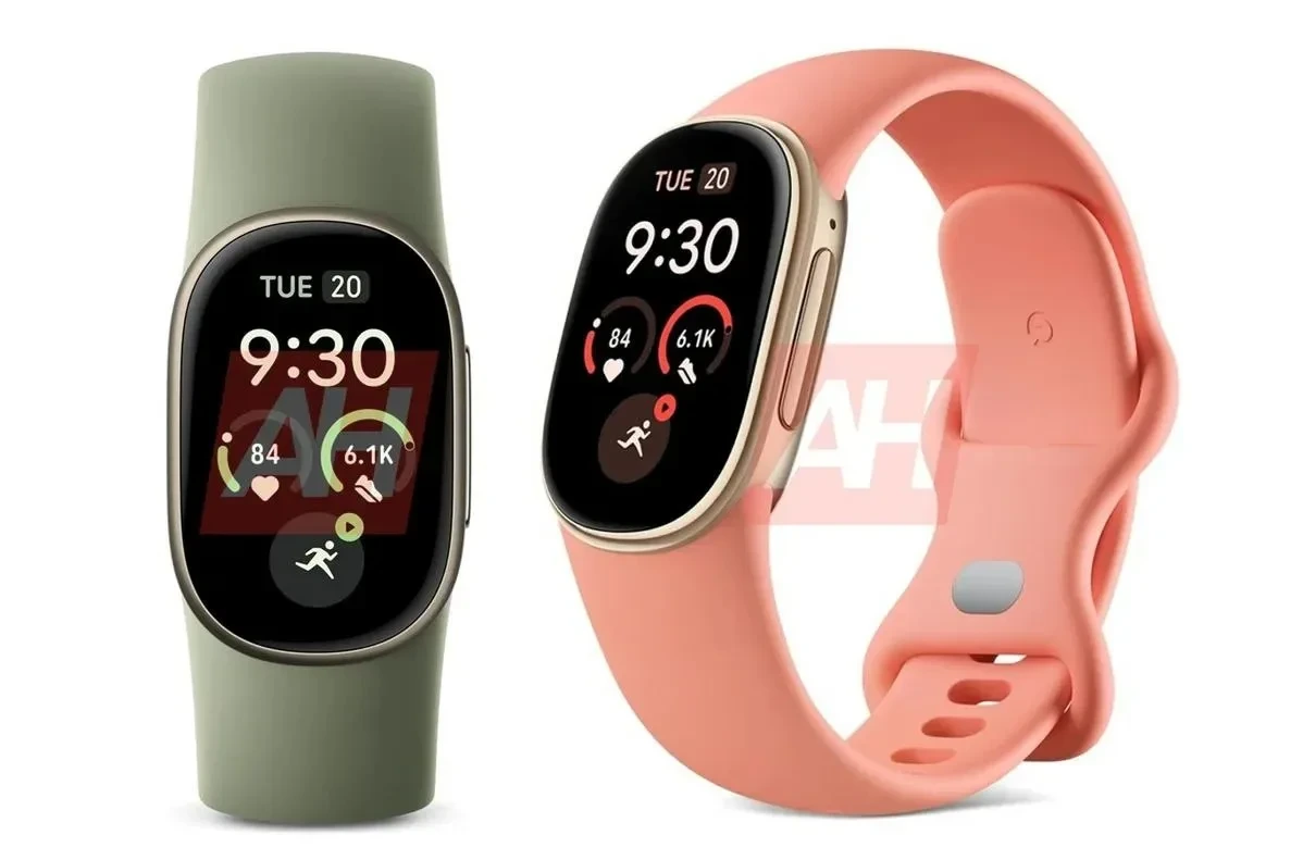Zeytin yeşili ve mercan tonlarında kayışlara sahip iki Fitbit Edge bileklik görseli