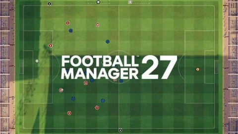 Football Manager 27 logosu ve futbol sahası görünümü