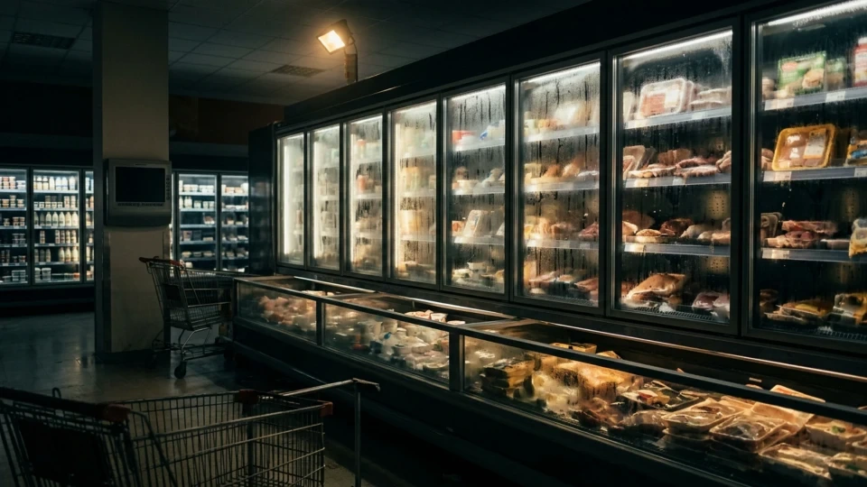 Bir markette yiyeceklerin bulunduğu cam kapaklı soğutucu reyonlar ve alışveriş arabaları