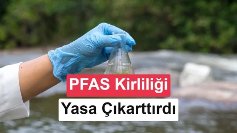 Bir kişinin mavi eldivenli eli, su örneği alınan bir nehir üzerinde şeffaf bir şişe tutuyor
