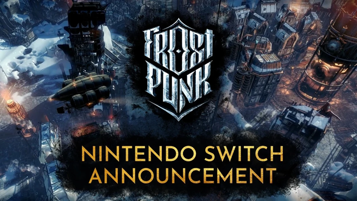 Frostpunk logosu, karlı bir şehrin üzerinde Nintendo Switch Announcement yazısıyla yer alıyor.