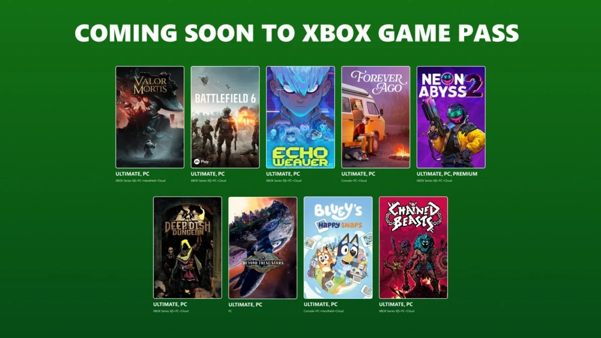 Xbox Game Pass’e yakında gelecek oyunların kapaklarının yer aldığı yeşil duyuru görseli