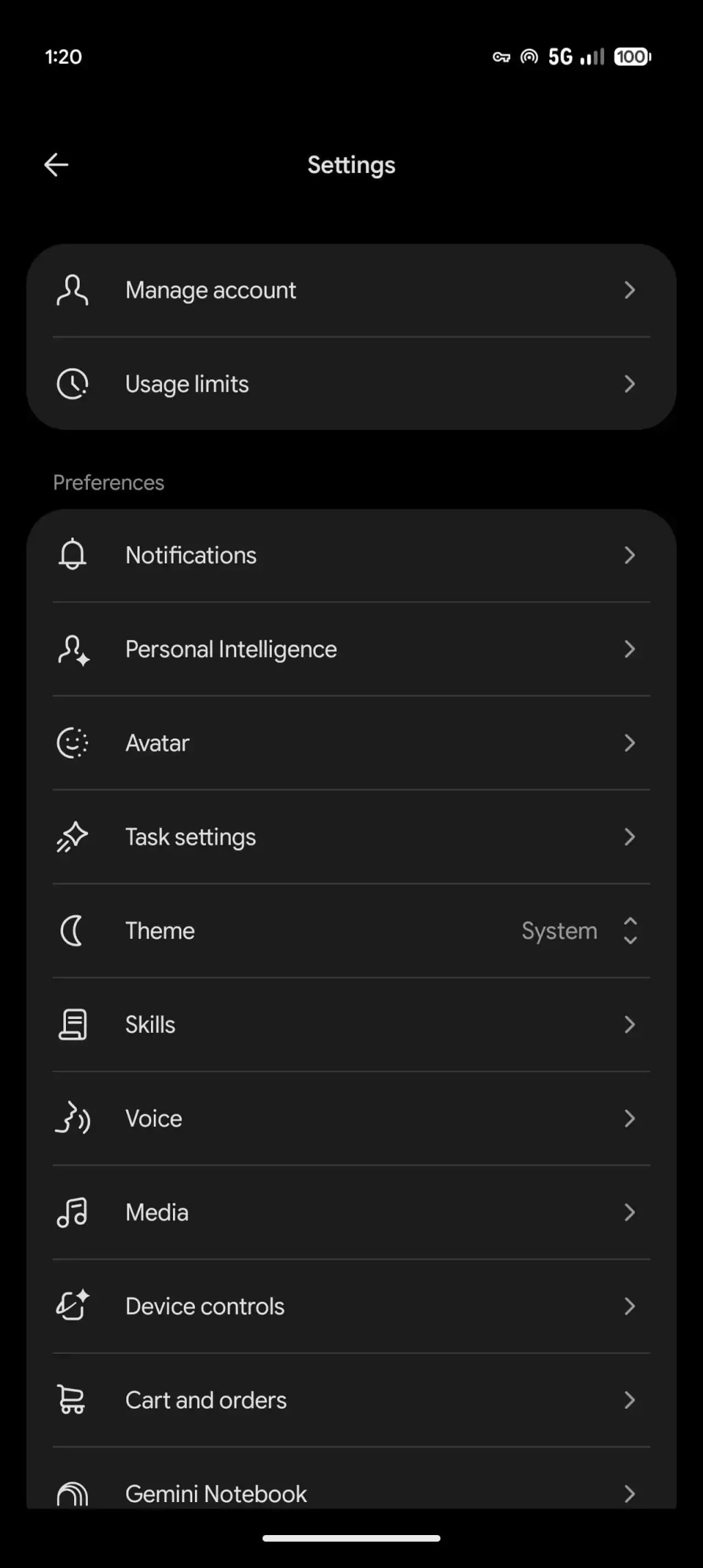 Gemini Android uygulamasında hesap, kullanım sınırı ve tercih seçeneklerinin bulunduğu ayarlar ekranı