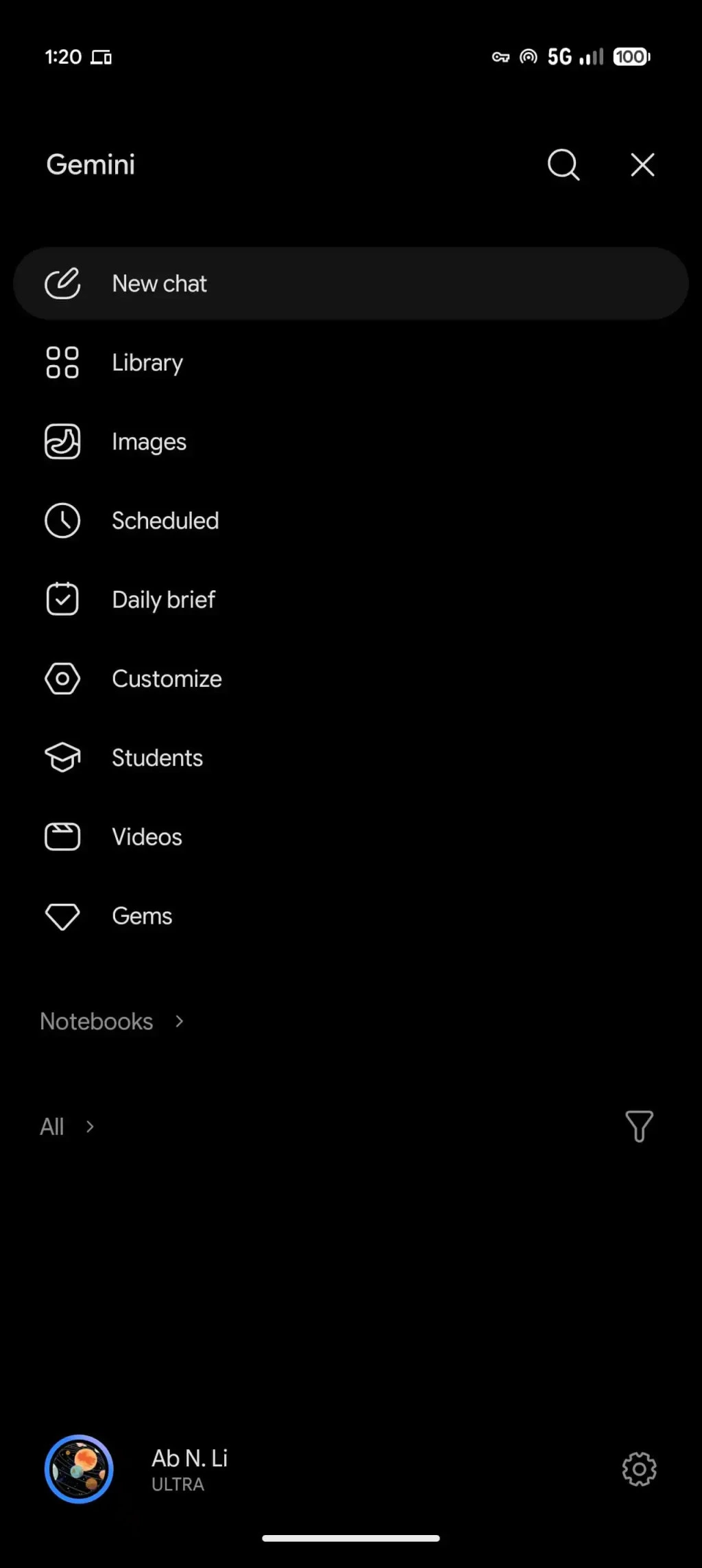 Gemini Android yan panelinde sohbet ve farklı özelliklere ait kısayollar
