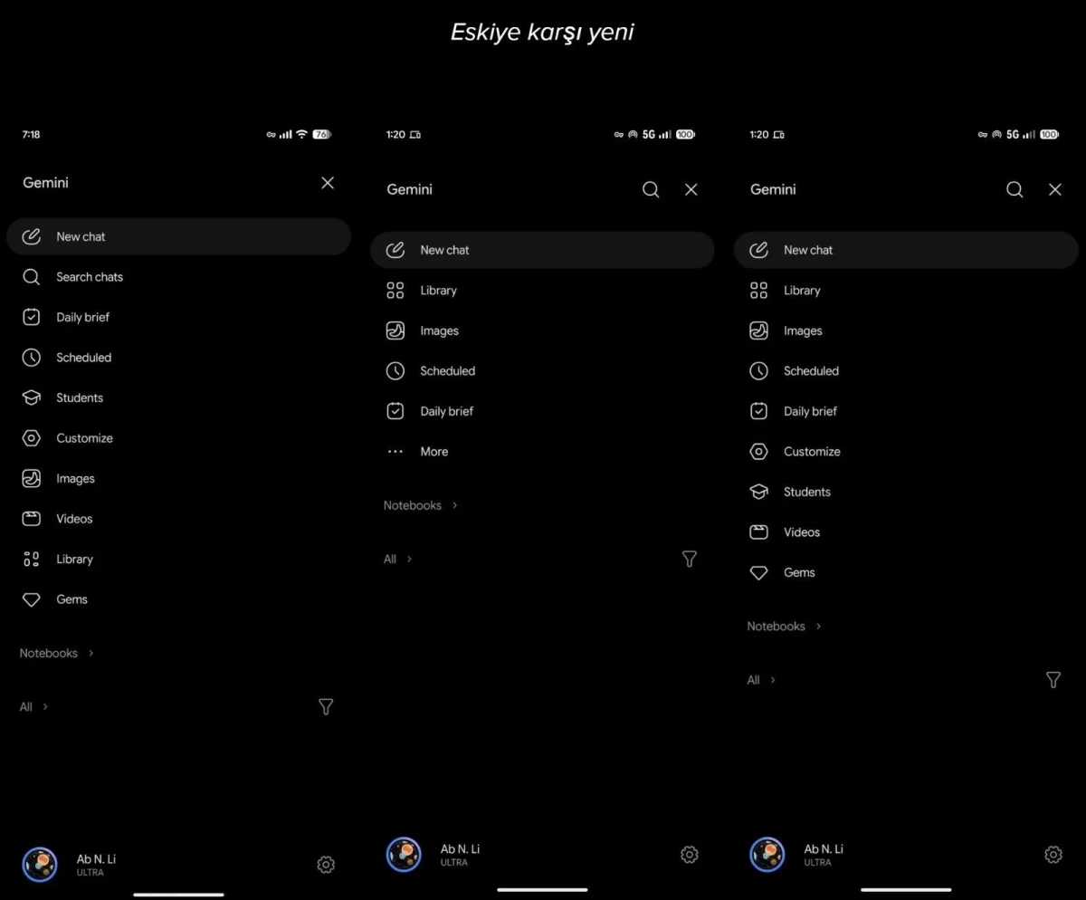 Gemini Android uygulamasının eski ve yeni yan panel tasarımlarının karşılaştırması