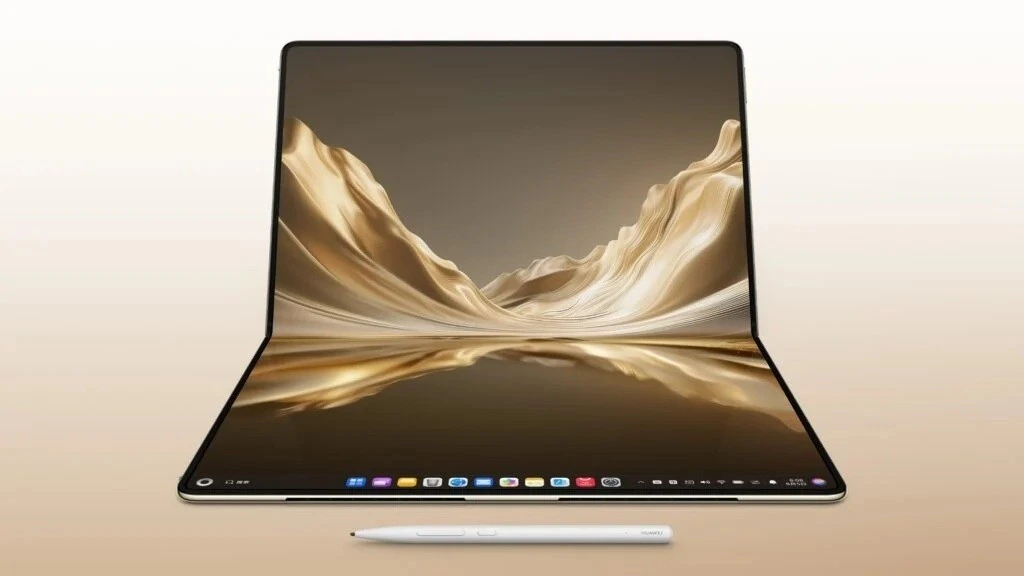 Geniş ekranı açık ve önünde kalem bulunan katlanabilir tablet konsepti
