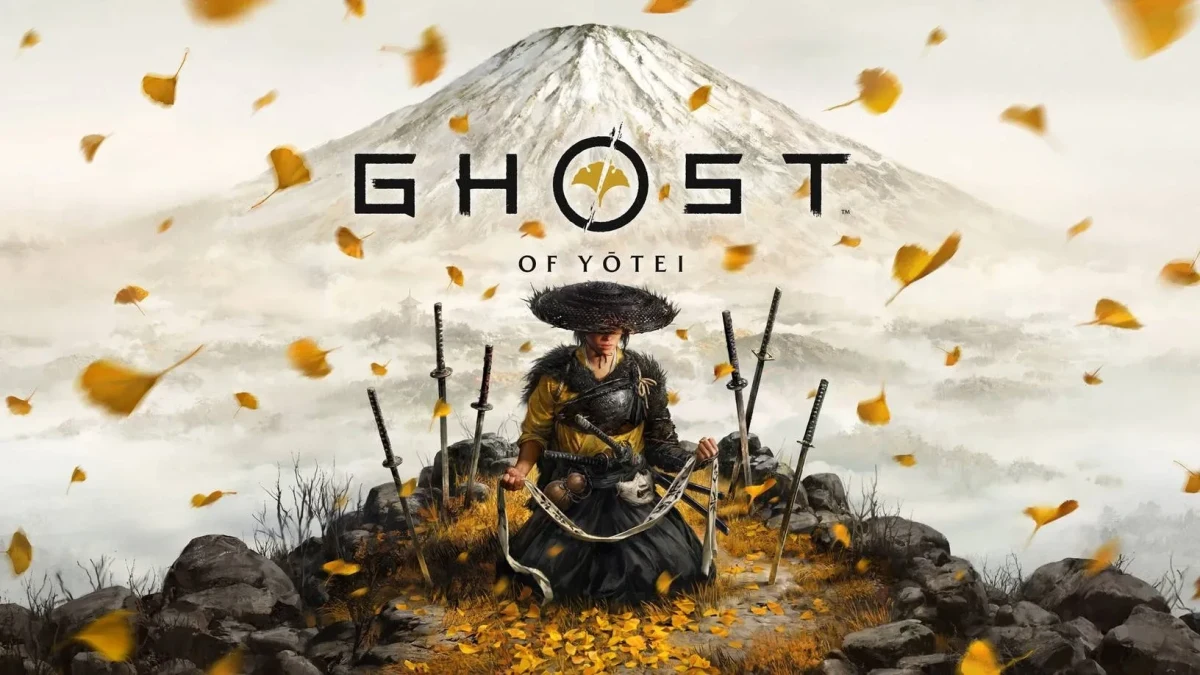 Ghost of Yōtei görselinde karlı dağ önünde oturan zırhlı bir karakter ve oyunun logosu