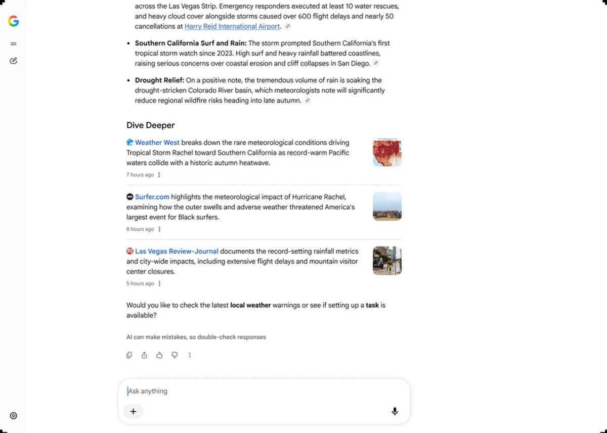 Google AI yanıtında hava durumu kaynaklarının ve içerik bağlantılarının listelendiği ekran