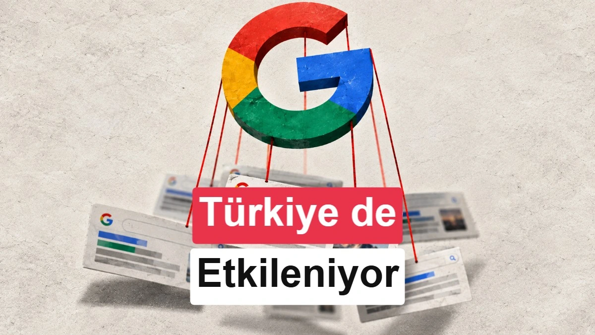 Google logosu ve arama sonuçlarının iplerle yönlendirildiğini betimleyen illüstrasyon