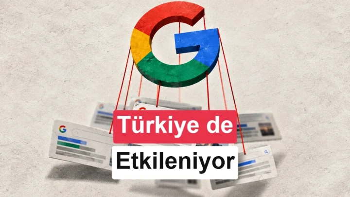 Google logosu ve arama sonuçlarının iplerle yönlendirildiğini betimleyen illüstrasyon