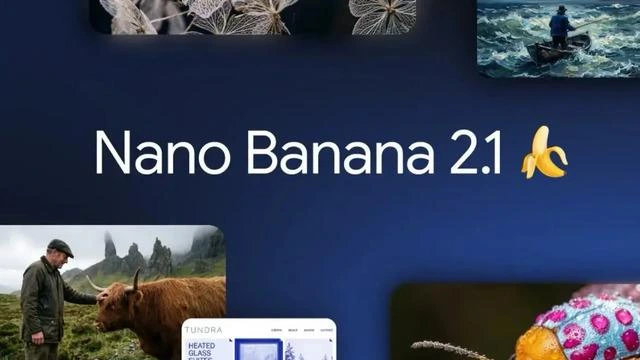 Nano Banana 2.1 yazısı ve yapay zekâyla oluşturulmuş farklı sahnelerden oluşan görsel kolaj