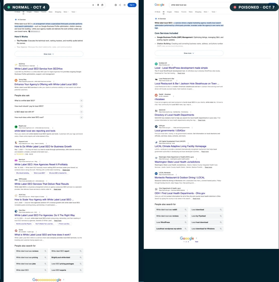 Normal ve etkilendiği belirtilen Google arama sonuç sayfalarının yan yana ekran görüntüsü