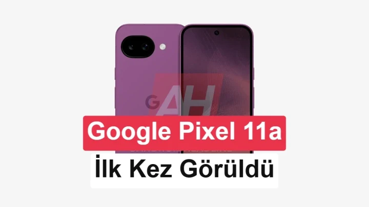 Mor renkli Google Pixel 11a olduğu belirtilen telefonun ön ve arka görünümü