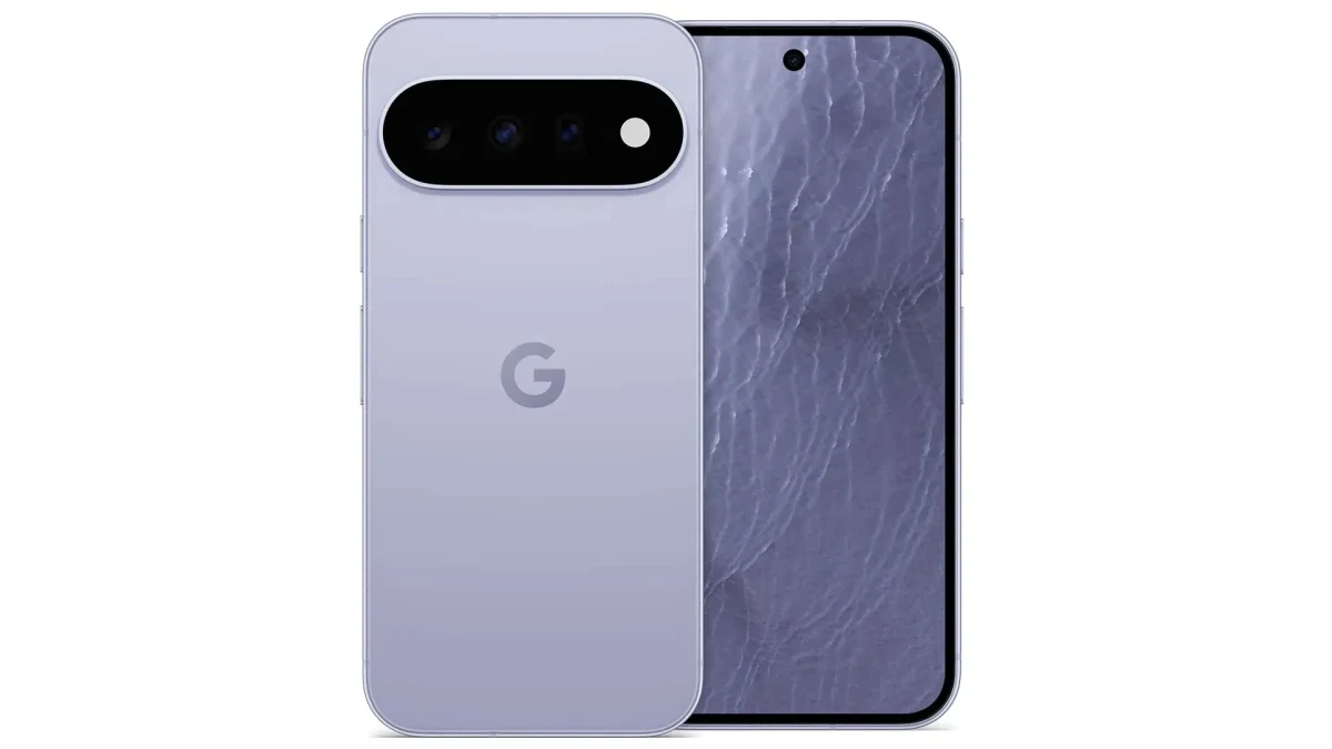 Mor renkli Google Pixel telefonun ön ve arka yüzü
