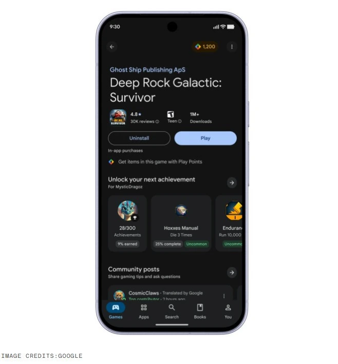 Google Play’de Deep Rock Galactic: Survivor oyun sayfası ve oyun topluluğu bölümü