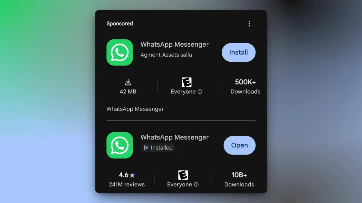 Google Play aramasında sahte WhatsApp Messenger uygulamasının 500 binden fazla indirme aldığı ekran görüntüsü