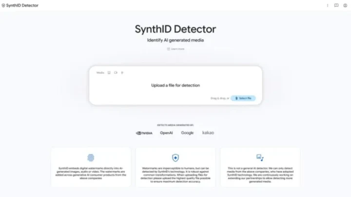 SynthID Detector internet sitesinin dosya yükleme ve yapay zekâ içerik tespit ekranı