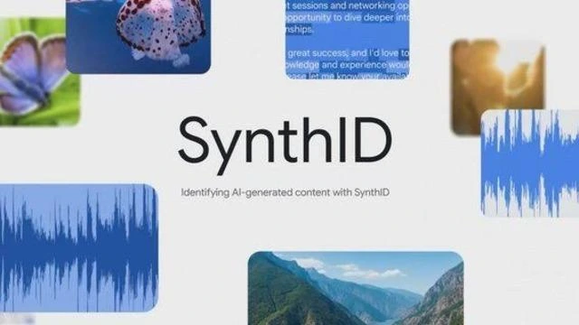 SynthID başlığı ve çevresinde görsel, ses dalgası ve manzara örnekleri bulunan tanıtım görseli