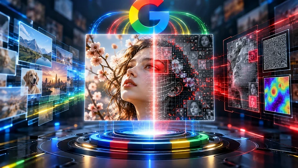 Google logosu ve dijital ekranlarda analiz edilen yapay zekâ görsellerini gösteren illüstrasyon