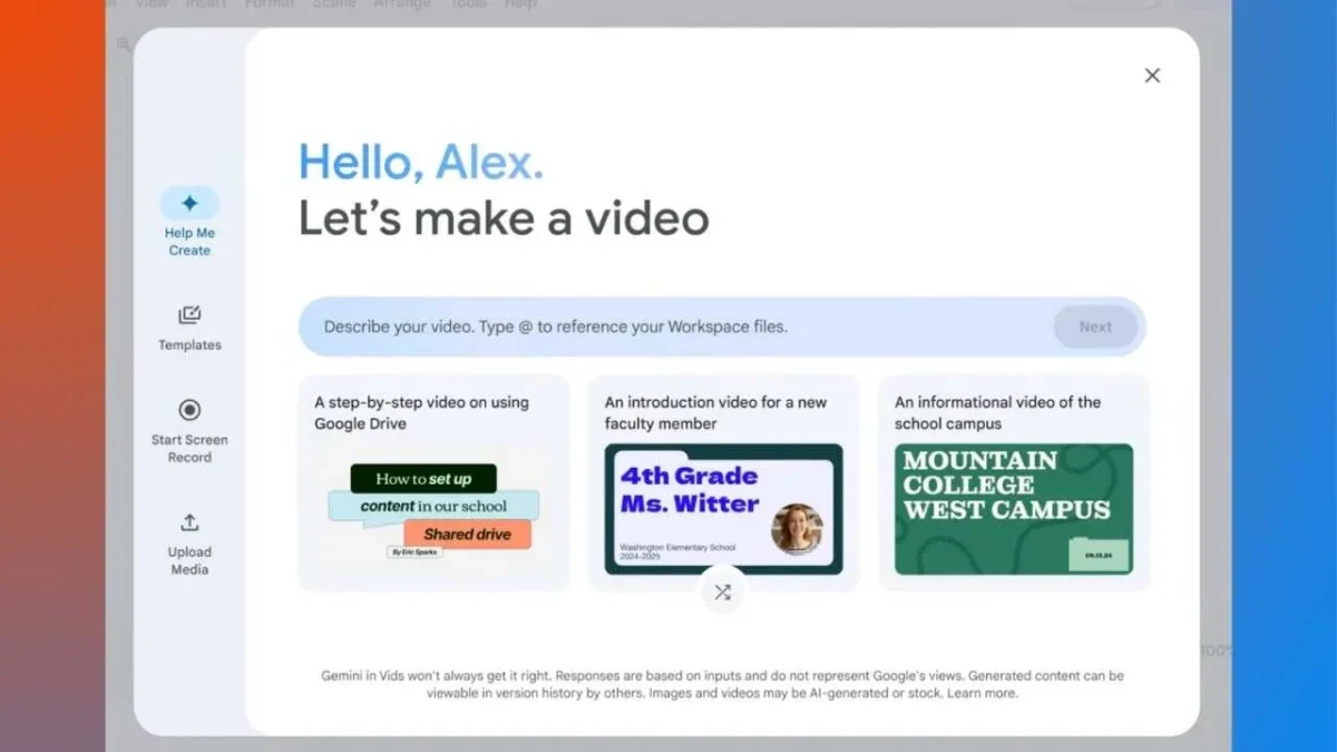 Google Vids’in video oluşturma başlangıç arayüzü