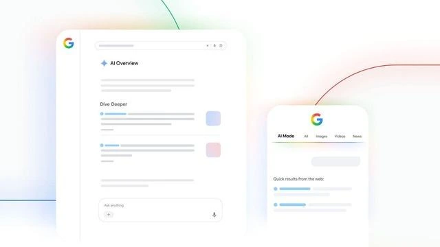 Google AI Overview ve AI Mode arama ekranlarını gösteren tanıtım görseli